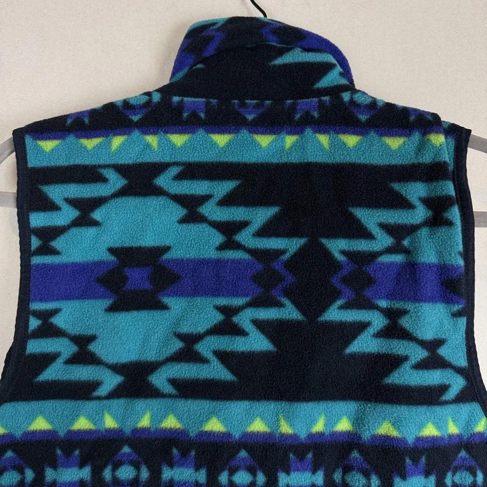 Chaps Vest Women Large Blue Teal Fleece Full Zip Southwestern Tribal Aztec Print